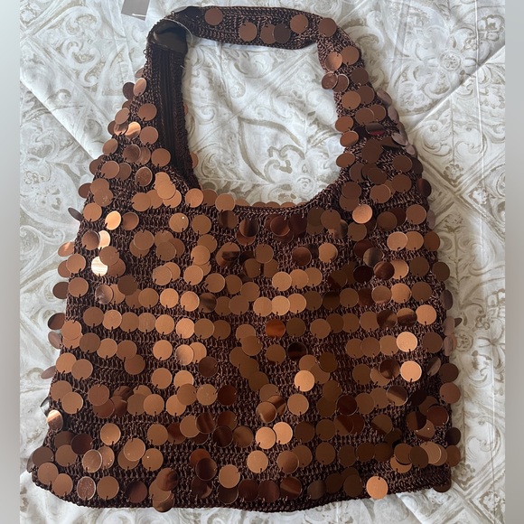 Handbags - NWT - Vintage Brown Sequins Baguette Crochet Bag, Shimmer 90’s Shoulder Purse